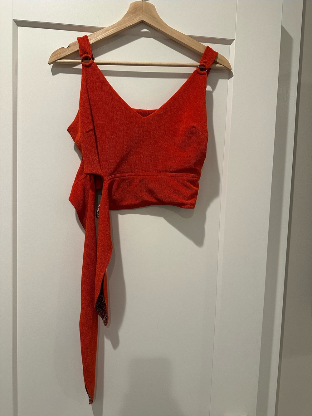 Free People Red V-Neck Wrap Crop Top with Tie Detail